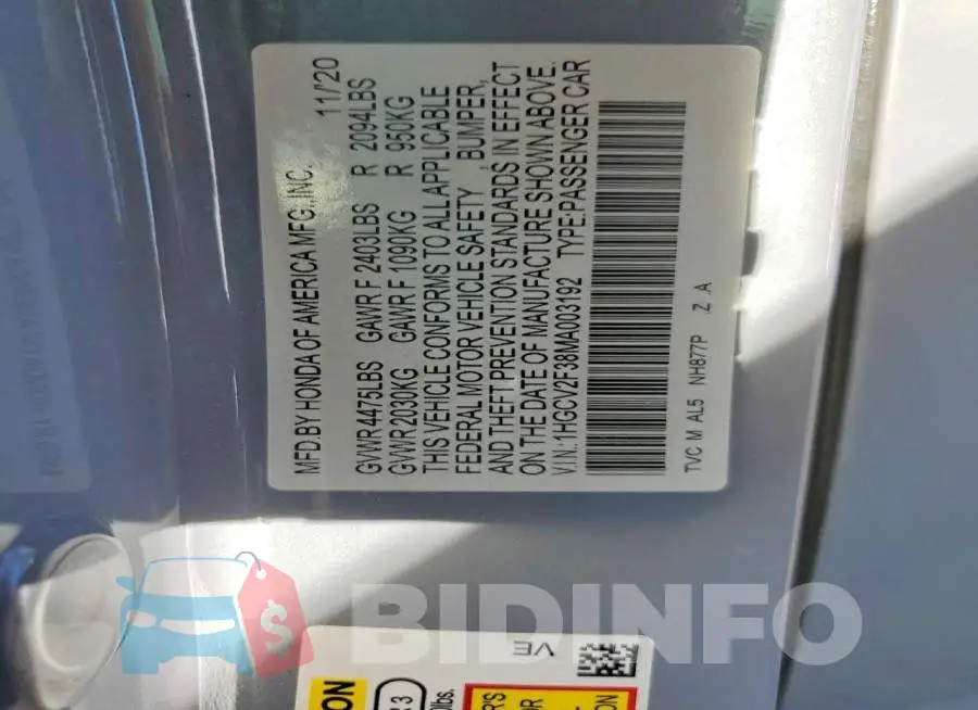 1HGCV2F38MA003192 Photo# 12