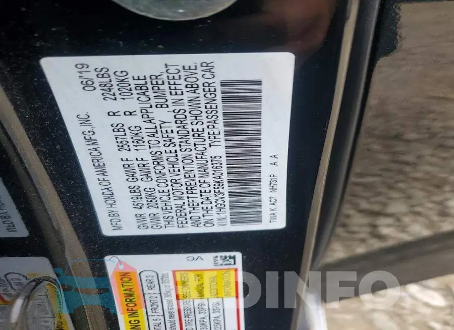 1HGCV3F59KA016375 Photo# 12
