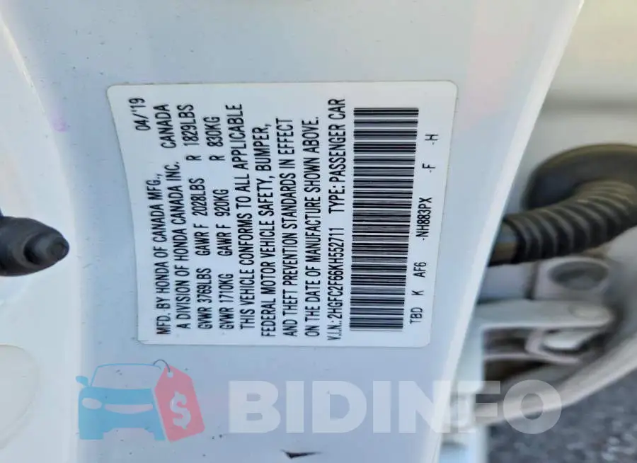 2HGFC2F66KH552711 Photo# 12