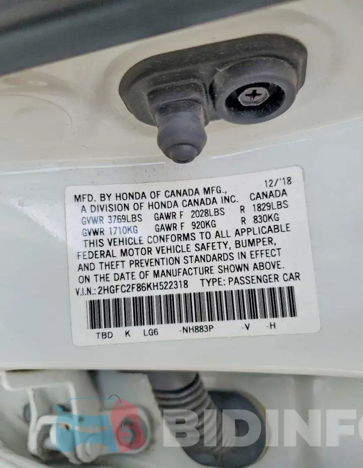 2HGFC2F86KH522318 Photo# 12