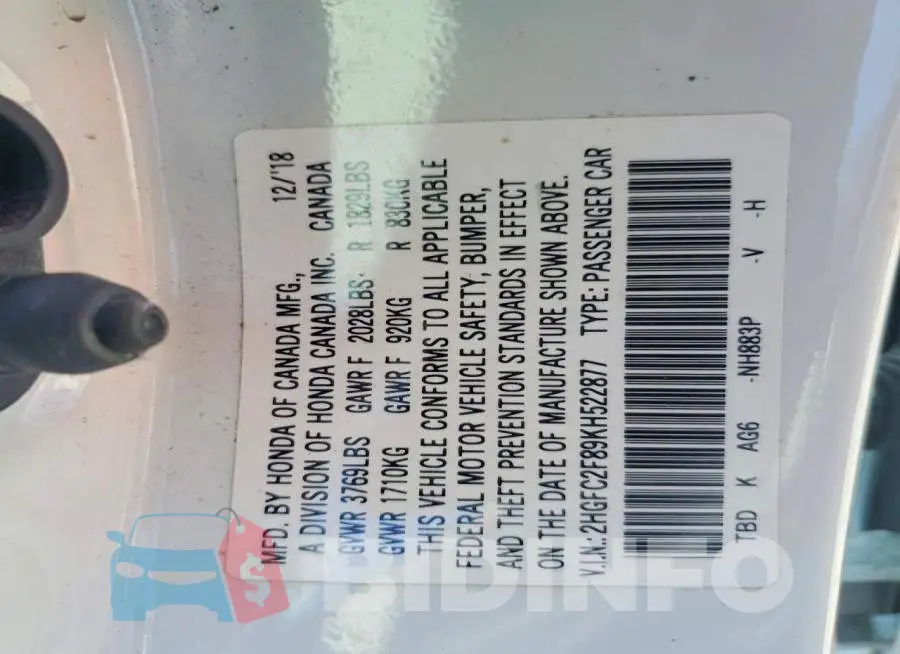 2HGFC2F89KH522877 Photo# 12