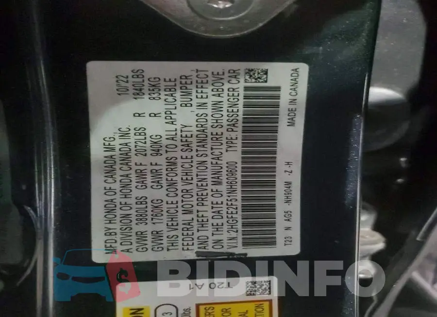 2HGFE2F51NH609600 Photo# 12