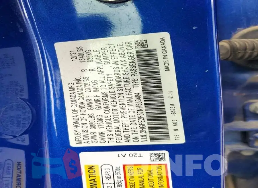 2HGFE2F57NH553484 Photo# 13