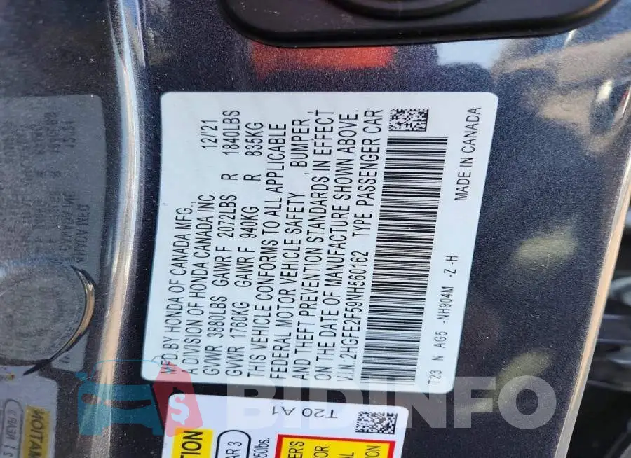 2HGFE2F59NH560162 Photo# 12
