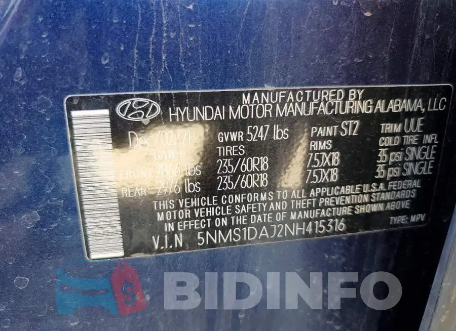 5NMS1DAJ2NH415316 Photo# 12
