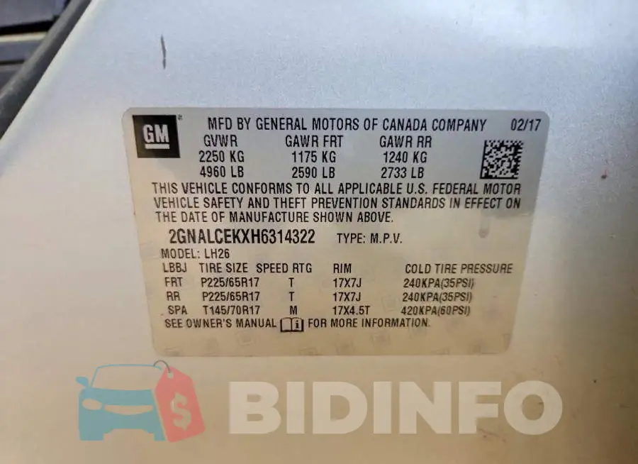 2GNALCEKXH6314322 Photo# 13
