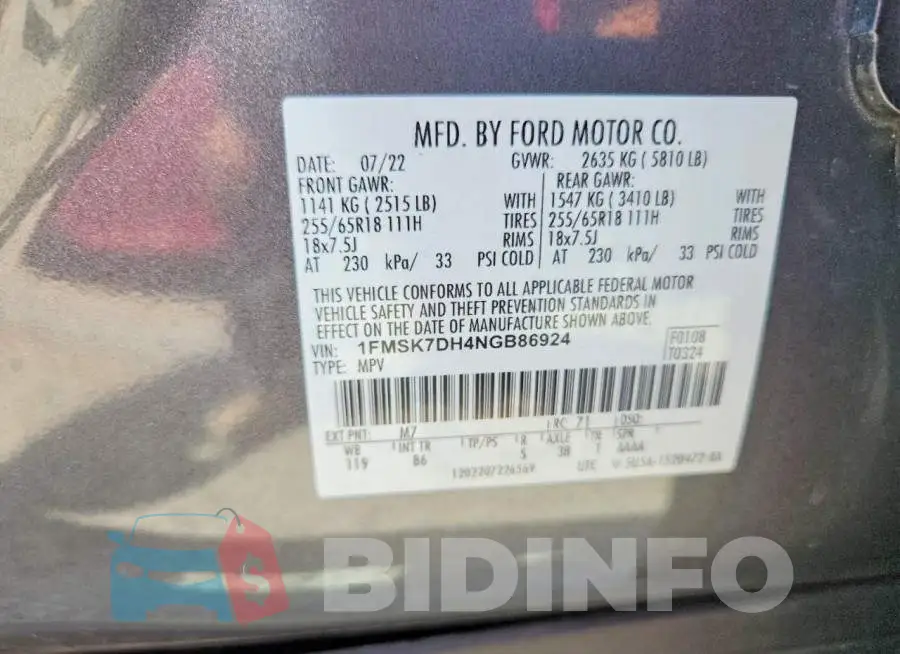 1FMSK7DH4NGB86924 Photo# 13
