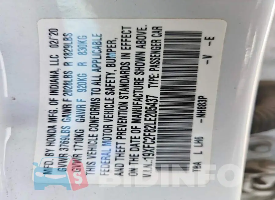19XFC2F82LE205437 Photo# 12