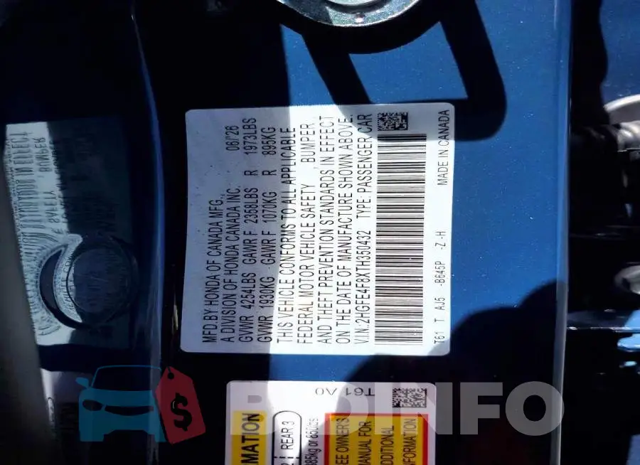 2HGFE4F8XTH350432 Photo# 12