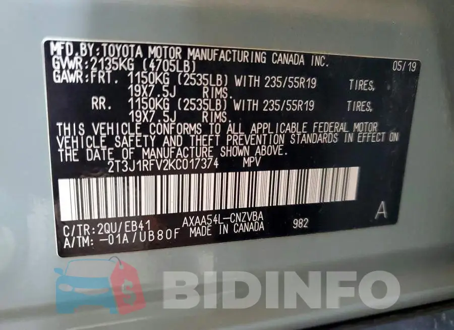 2T3J1RFV2KC017374 Photo# 13