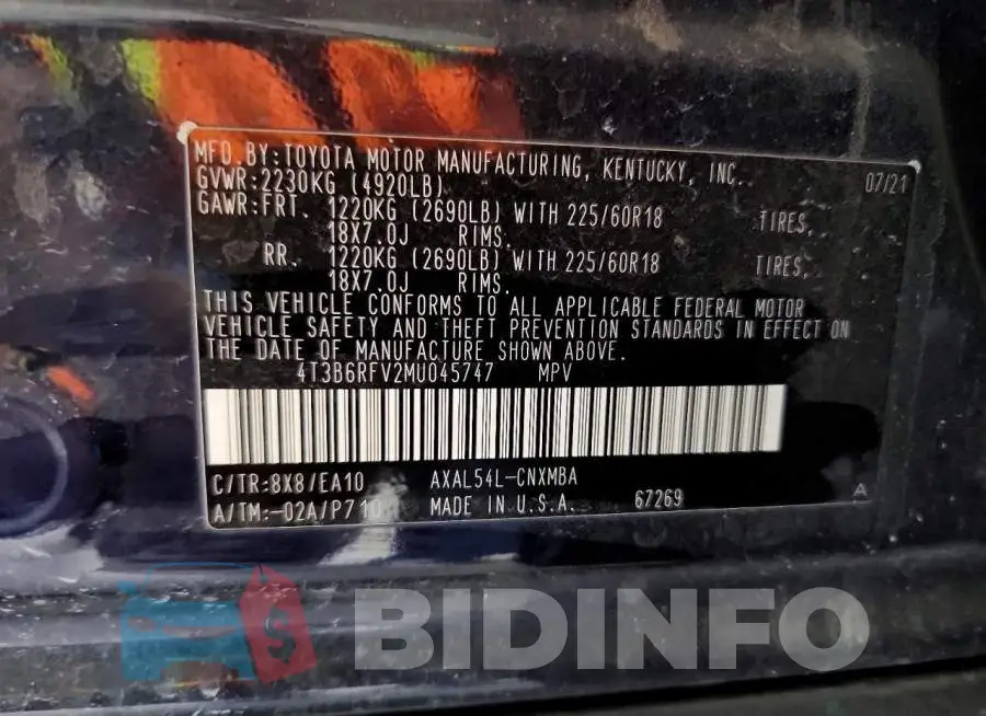 4T3B6RFV2MU045747 Photo# 13
