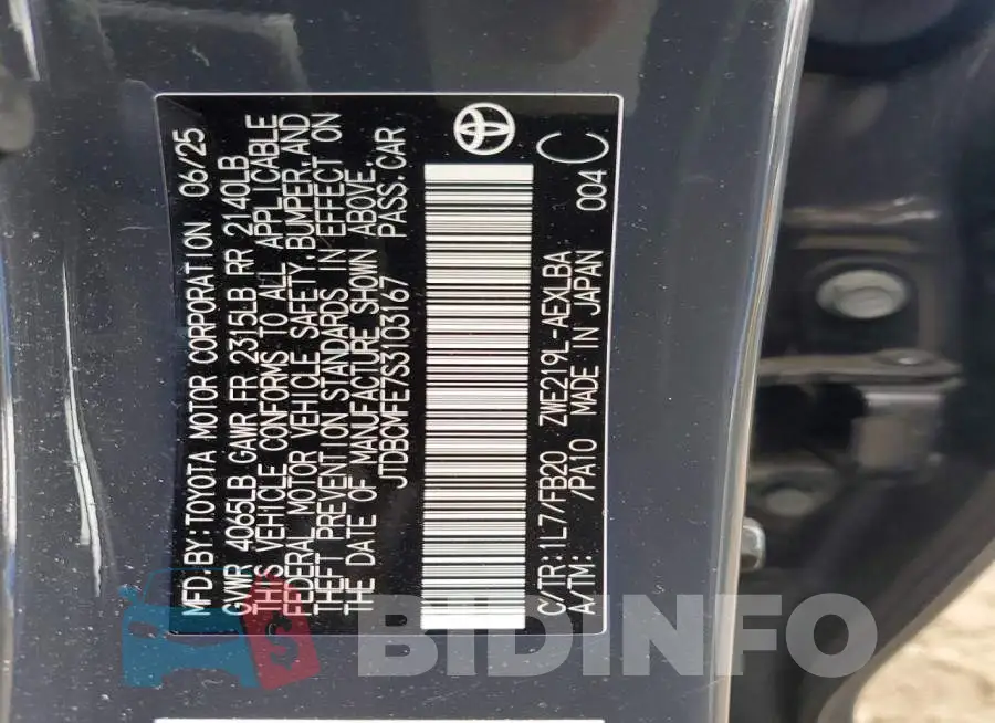 JTDBCMFE7S3103167 Photo# 13
