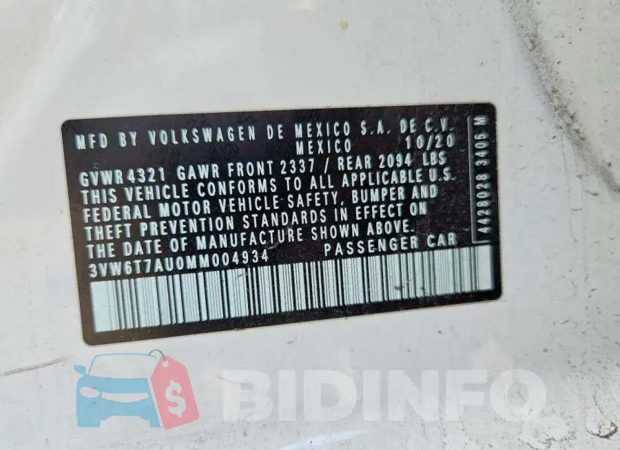 3VW6T7AU0MM004934 Photo# 12