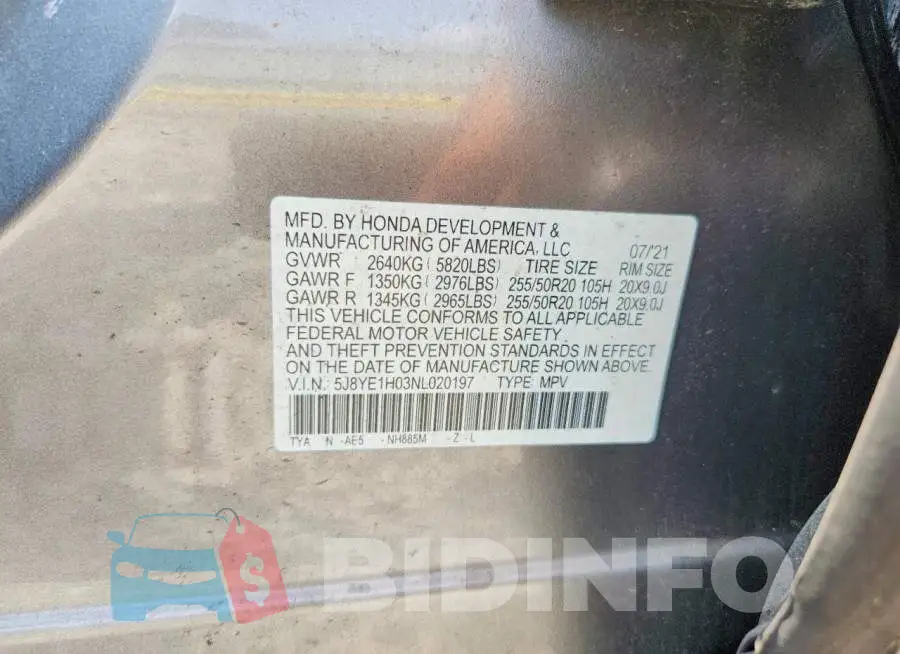 5J8YE1H03NL020197 Photo# 13
