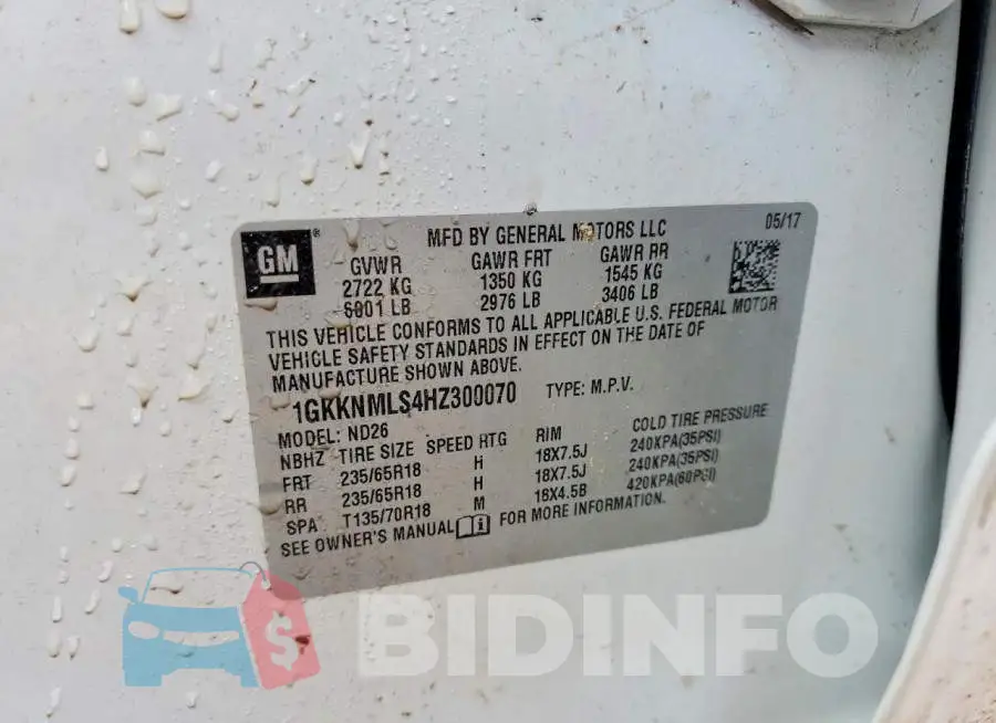 1GKKNMLS4HZ300070 Photo# 13