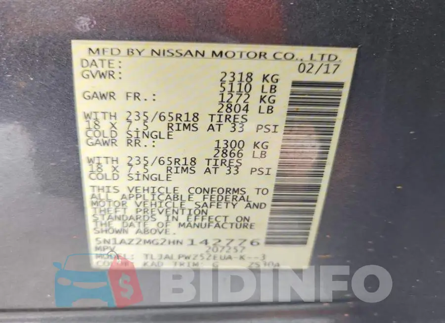 5N1AZ2MG2HN142776 Photo# 12