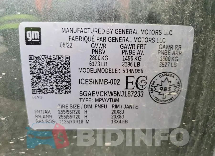 5GAEVCKW5NJ187233 Photo# 14