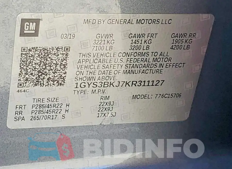 1GYS3BKJ7KR311127 Photo# 14