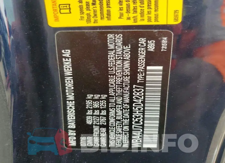 WBA4U7C53H5D42837 Photo# 13