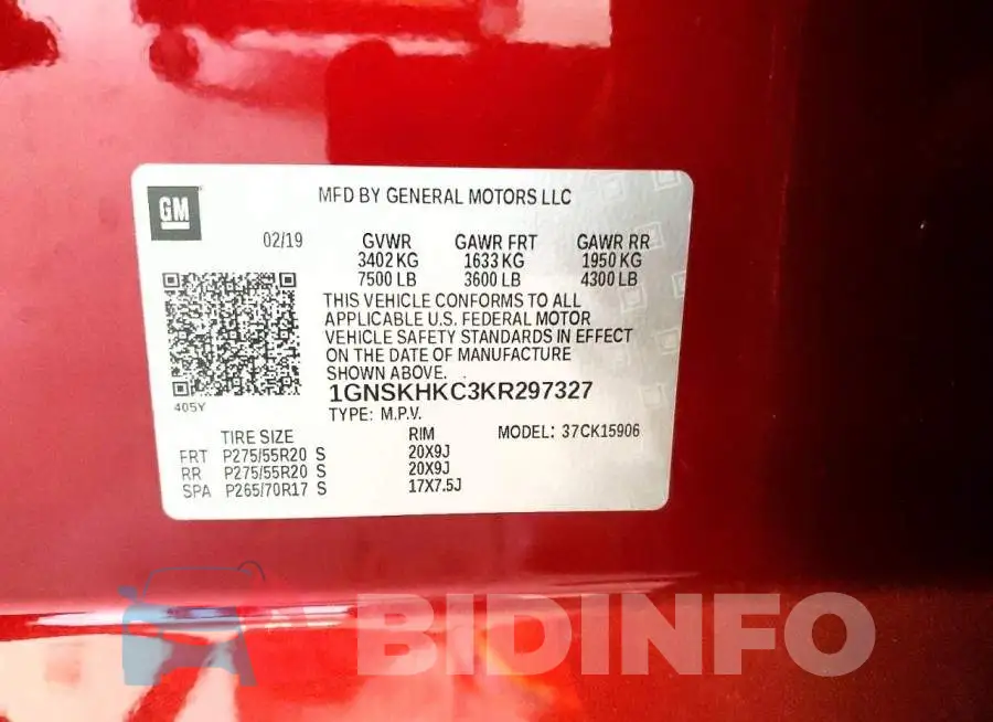 1GNSKHKC3KR297327 Photo# 13
