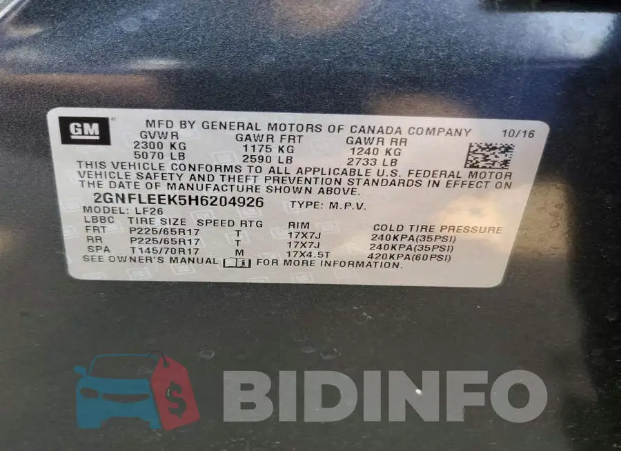 2GNFLEEK5H6204926 Photo# 13