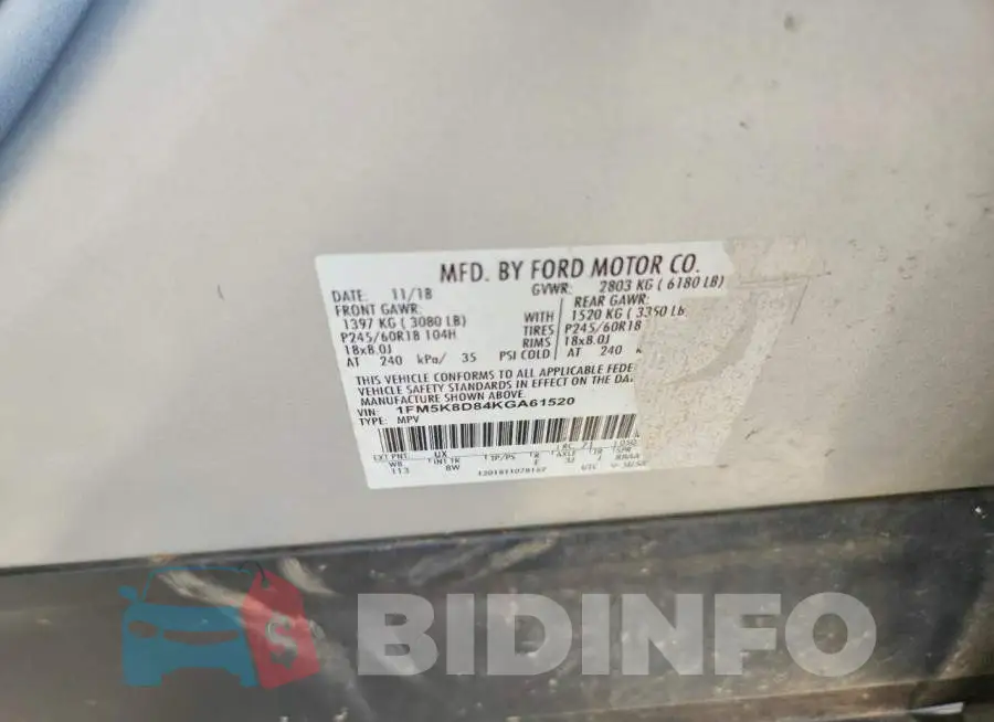 1FM5K8D84KGA61520 Photo# 12