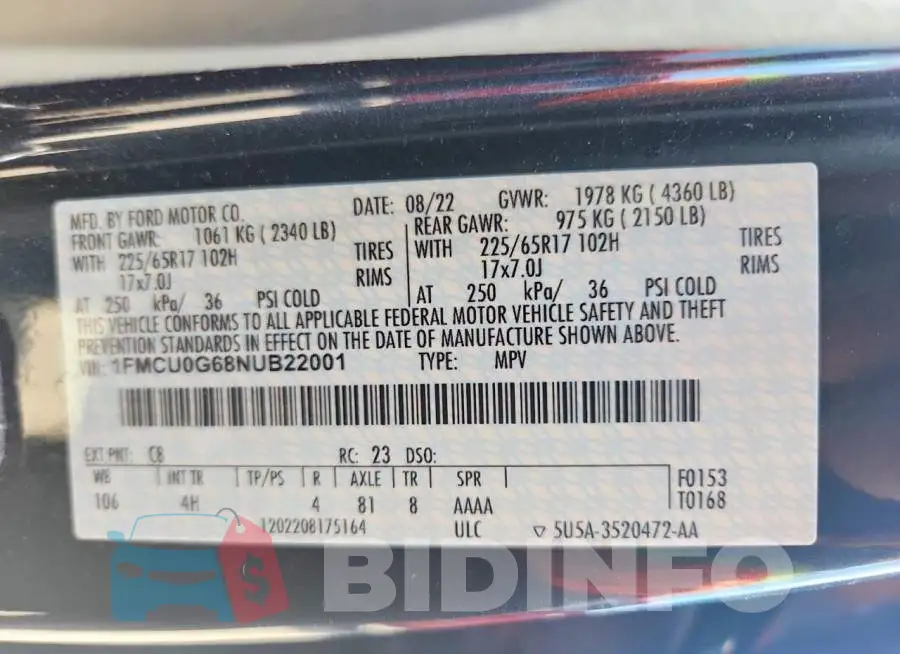1FMCU0G68NUB22001 Photo# 13