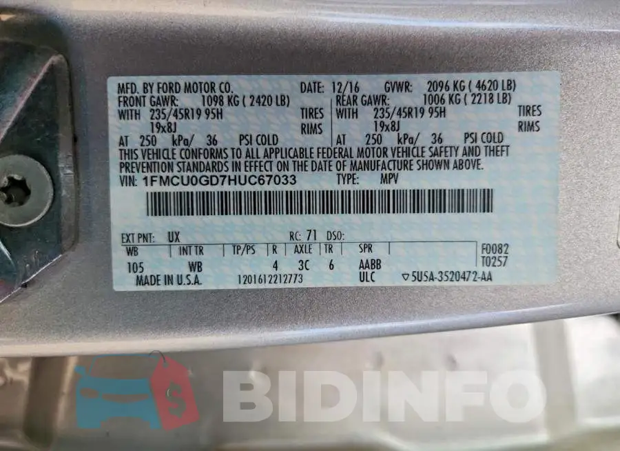 1FMCU0GD7HUC67033 Photo# 12