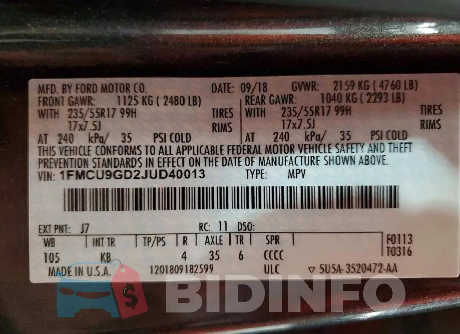 1FMCU9GD2JUD40013 Photo# 13