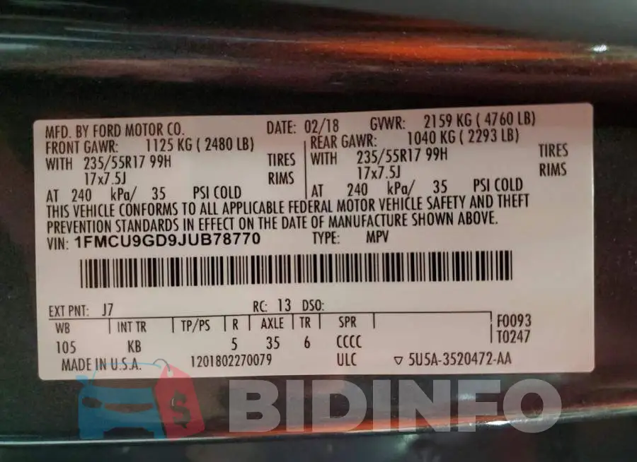 1FMCU9GD9JUB78770 Photo# 13