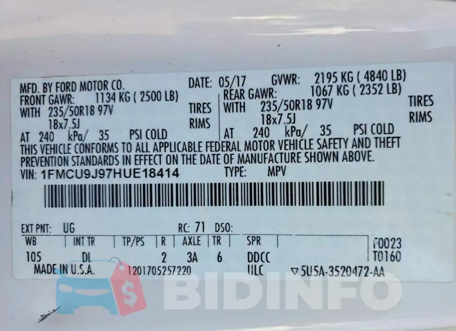 1FMCU9J97HUE18414 Photo# 13