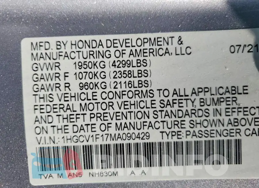 1HGCV1F17MA090429 Photo# 13