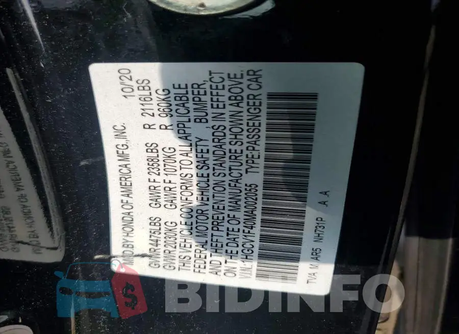 1HGCV1F40MA002055 Photo# 12