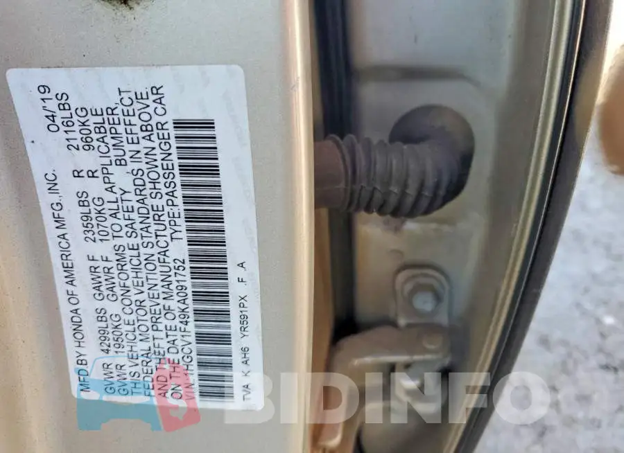 1HGCV1F49KA091752 Photo# 12