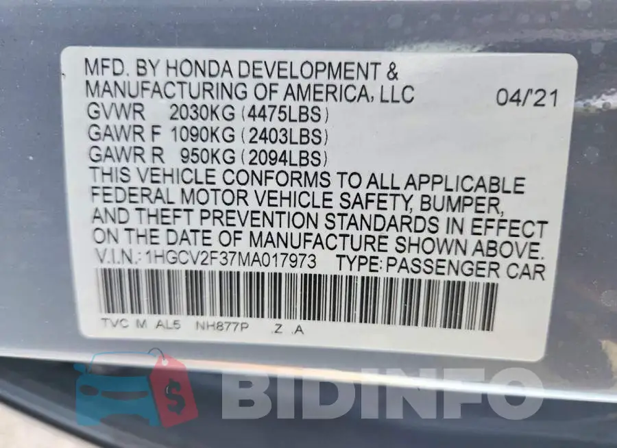 1HGCV2F37MA017973 Photo# 12