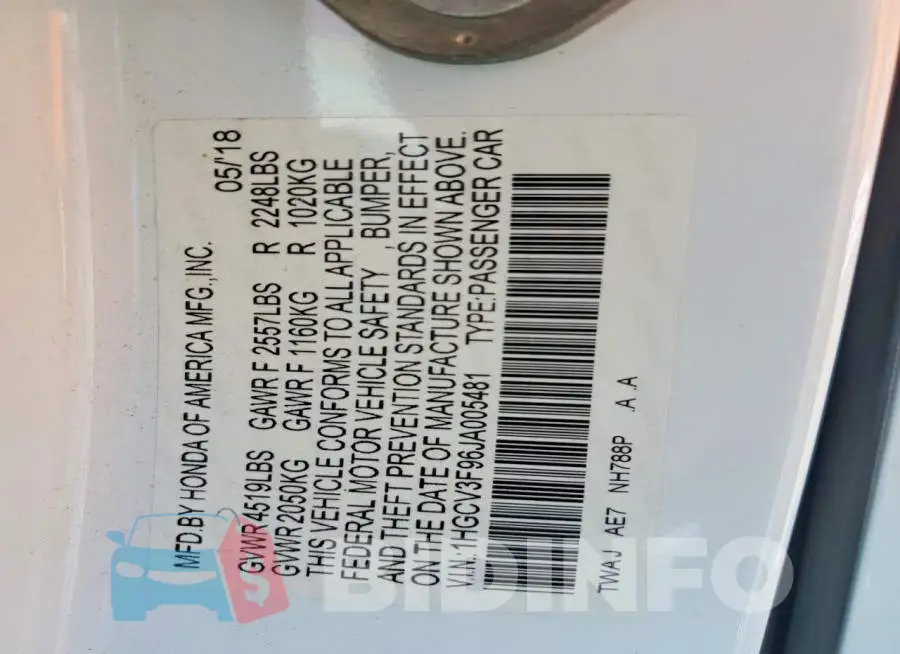 1HGCV3F96JA005481 Photo# 12