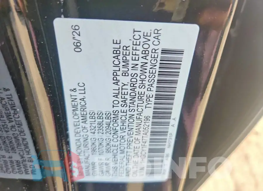 1HGCY1F47TA052196 Photo# 12