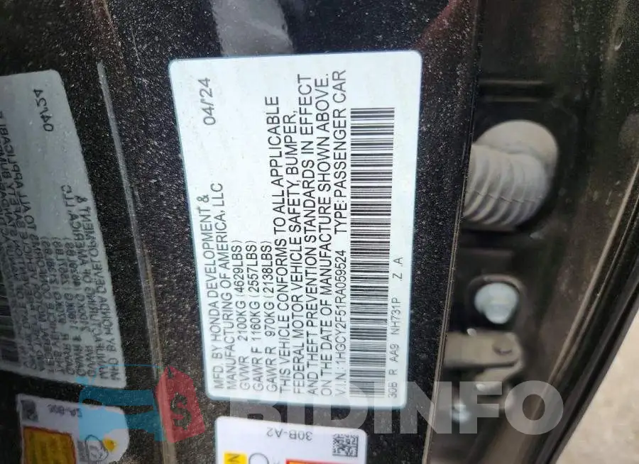 1HGCY2F51RA059524 Photo# 12