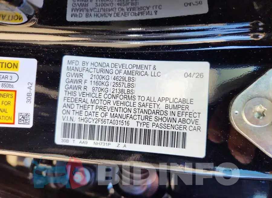1HGCY2F56TA031516 Photo# 12