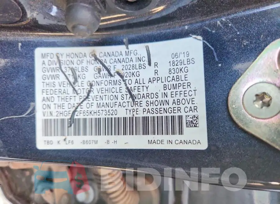 2HGFC2F65KH573520 Photo# 12