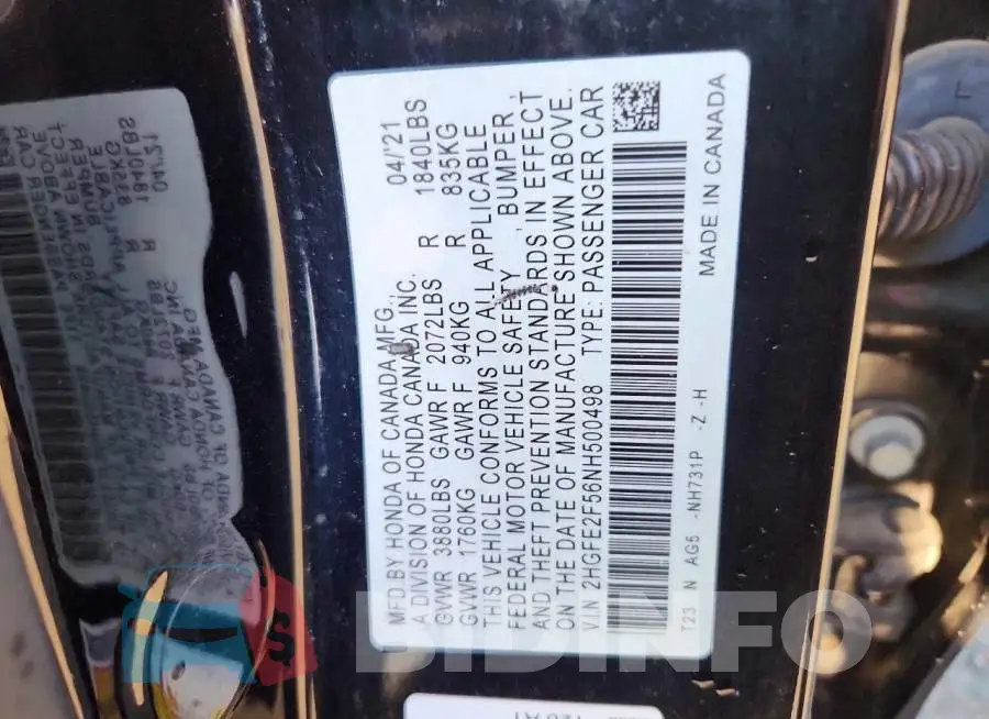 2HGFE2F56NH500498 Photo# 12