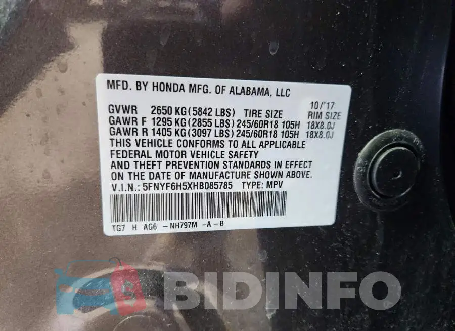 5FNYF6H5XHB085785 Photo# 13