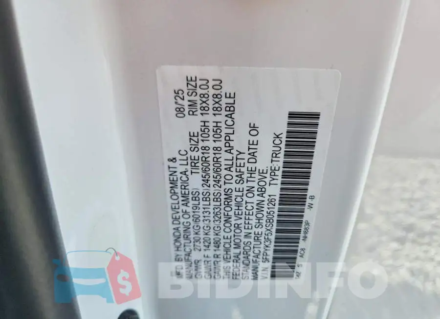 5FPYK3F5XSB051261 Photo# 12
