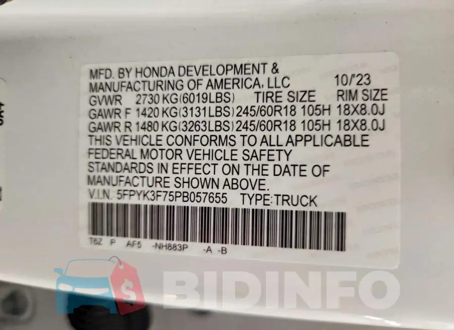 5FPYK3F75PB057655 Photo# 12