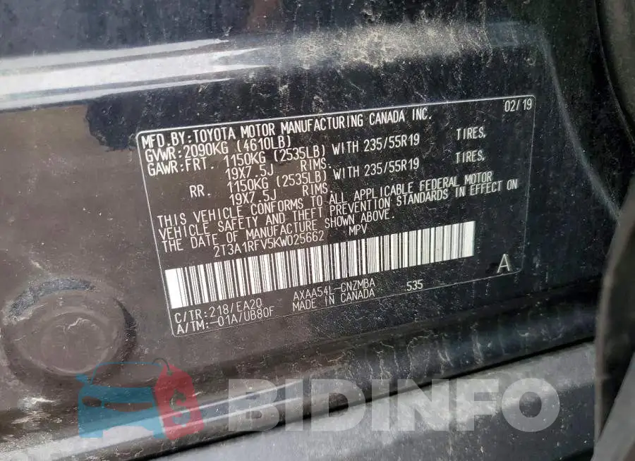 2T3A1RFV5KW025662 Photo# 13