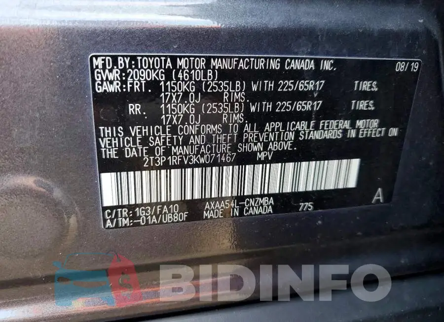 2T3P1RFV3KW071467 Photo# 13