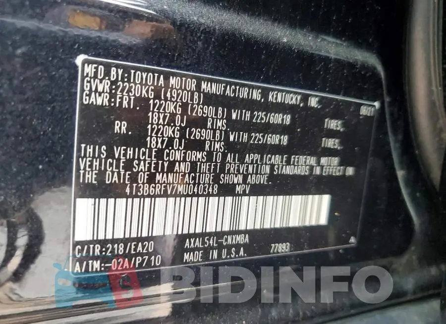 4T3B6RFV7MU040348 Photo# 13