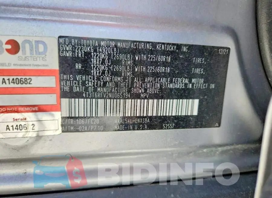 4T3T6RFV2NU065194 Photo# 12