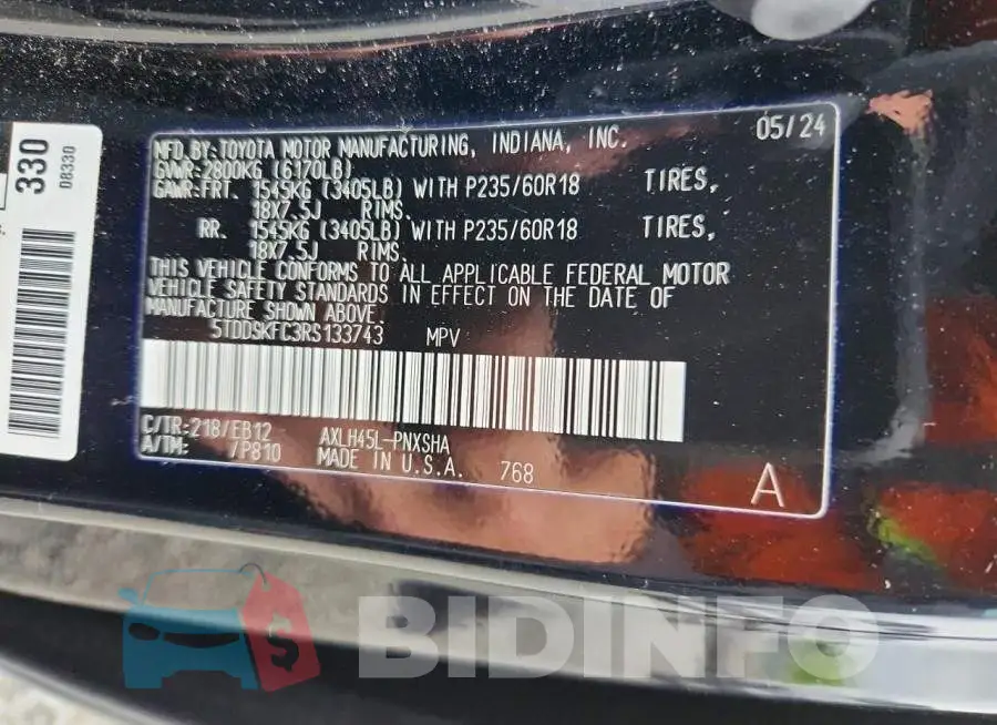 5TDDSKFC3RS133743 Photo# 13