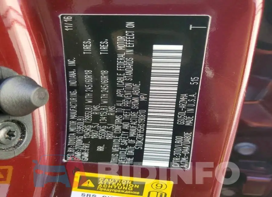 5TDKZRFH5HS190810 Photo# 13